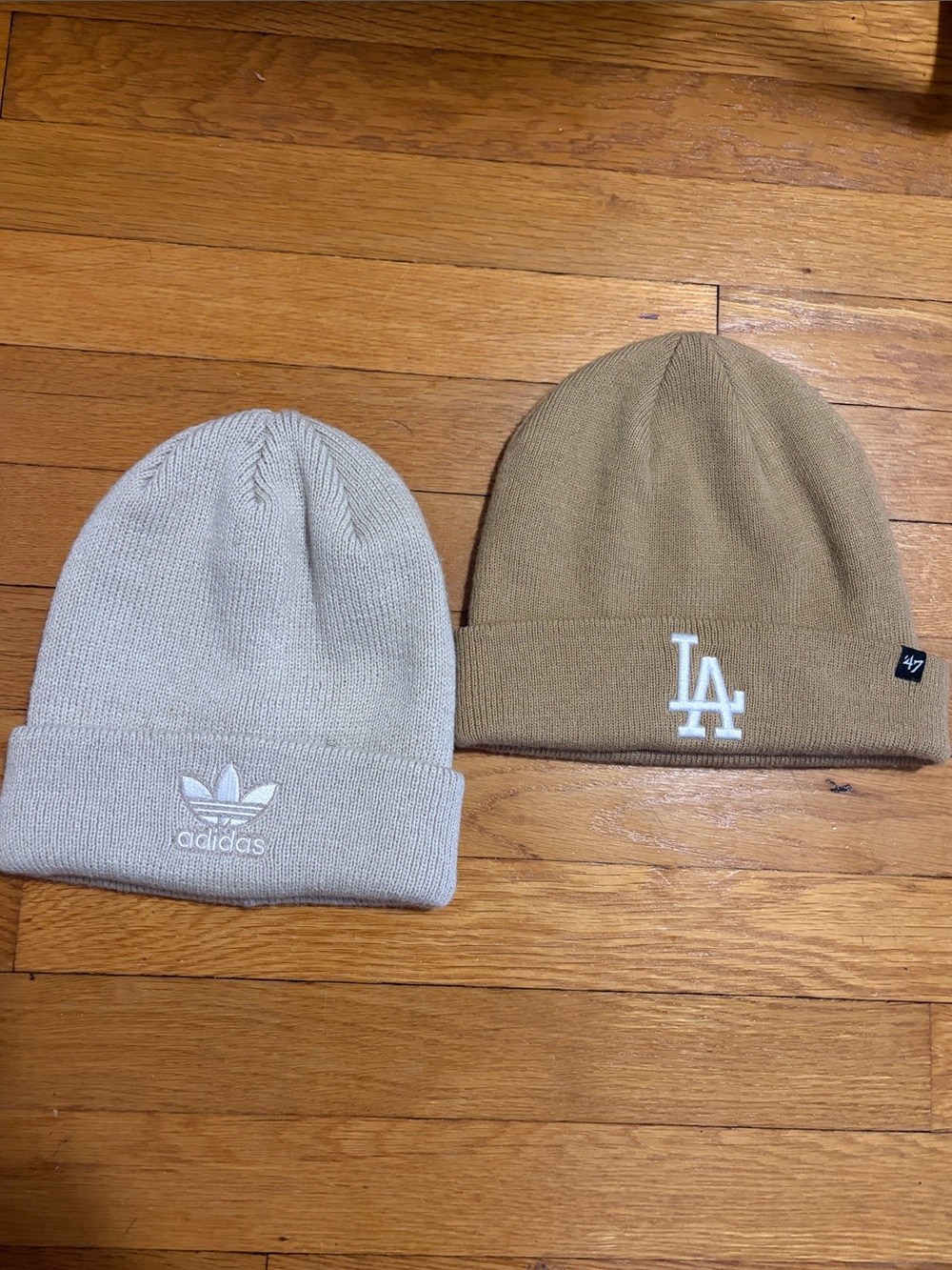 adidas Beige Knit Cuff Beanie with Trefoil Logo and LA 47 Knit Cuff Beanie